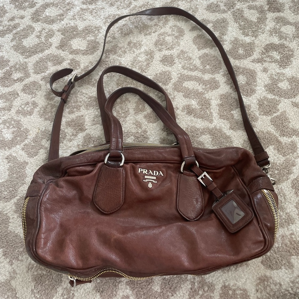 Prada authentic crossbody zippered duffle purse, brown leather